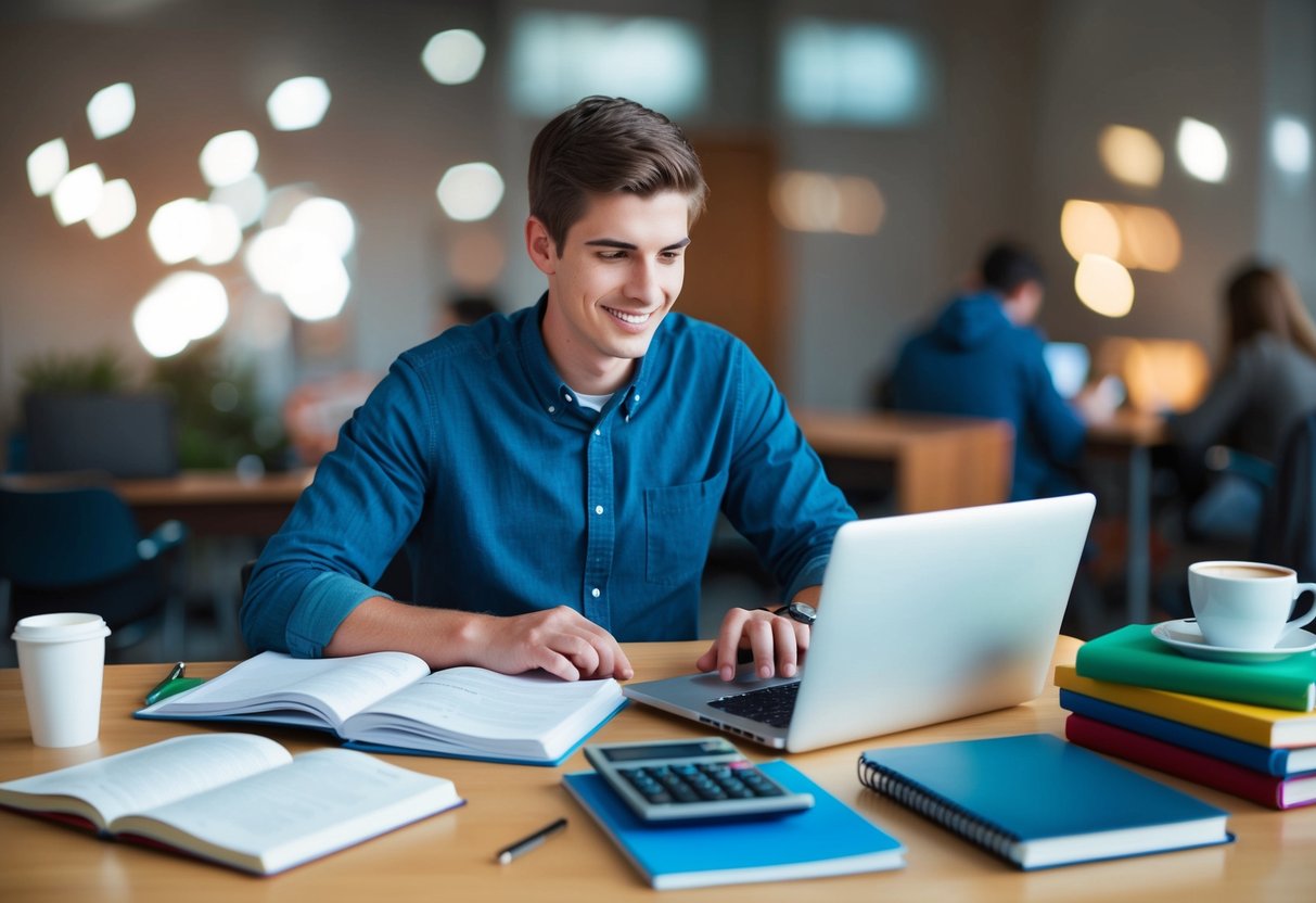 Ein Student, der an einem Schreibtisch mit einem Laptop arbeitet, umgeben von Lehrbüchern und Notizen, während ein Taschenrechner und eine Tasse Kaffee in der Nähe stehen.