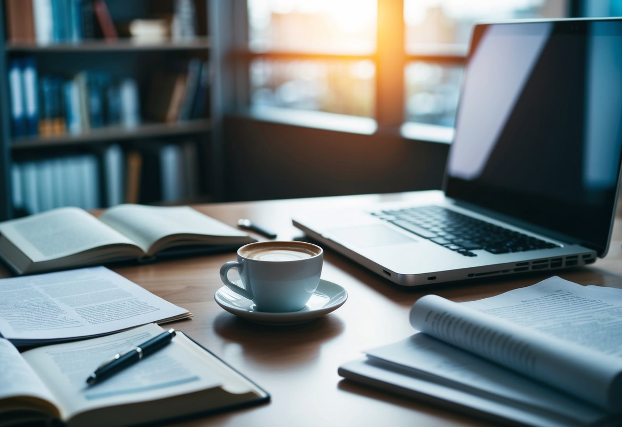 Ein Schreibtisch mit offenen Büchern, einem Laptop und verstreuten Forschungsarbeiten. Eine Tasse Kaffee und ein Stift liegen auf dem Tisch.