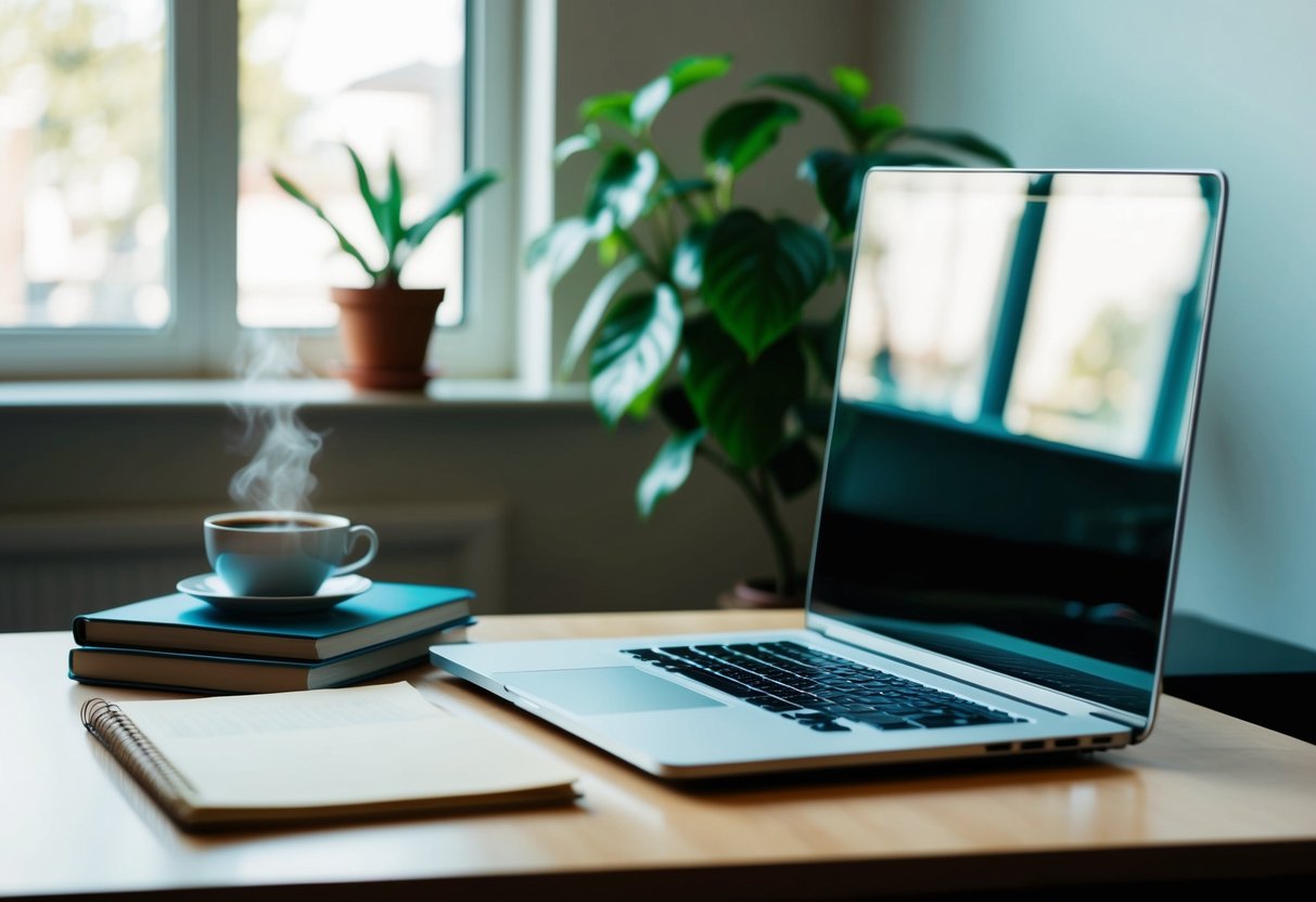 Ein Schreibtisch mit einem Laptop, Büchern und einer Tasse Kaffee. Ein Fenster mit natürlichem Licht und einer Topfpflanze im Hintergrund.