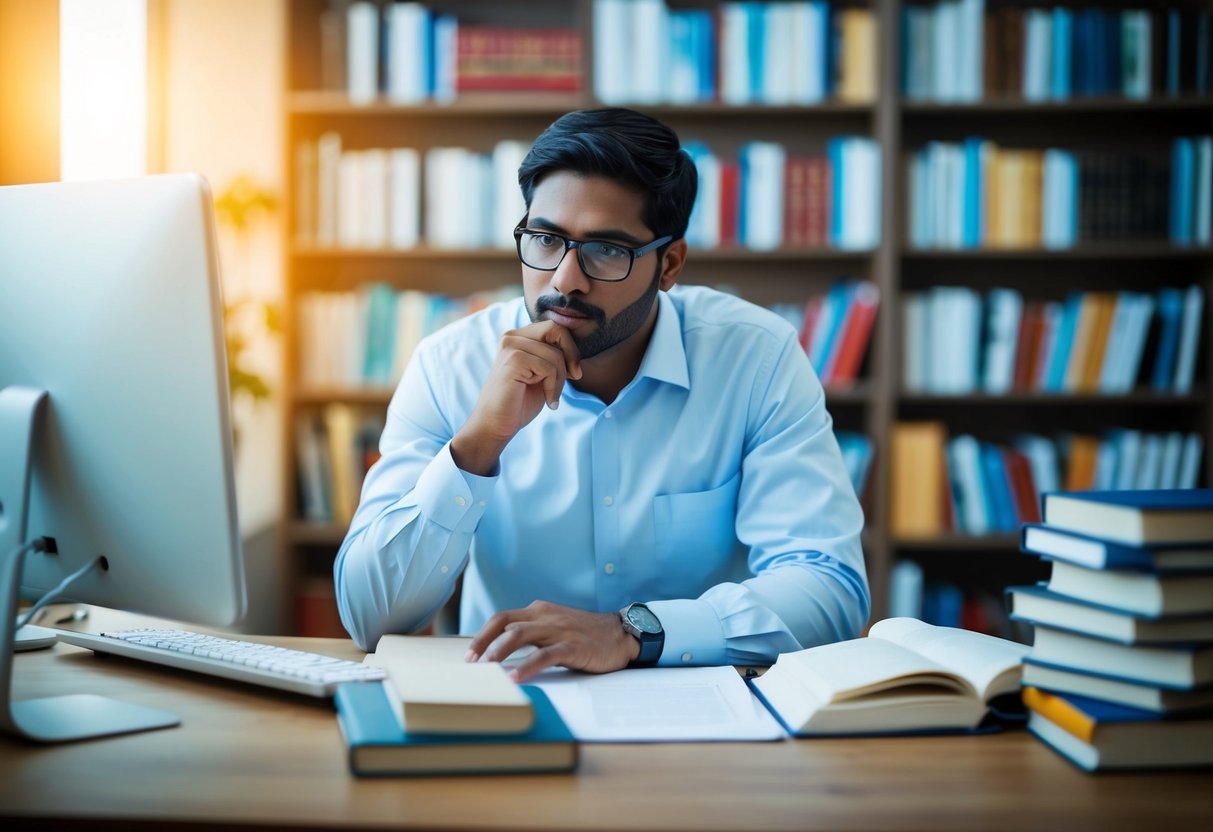 Ein Forscher, umgeben von Büchern und einem Computer, tief in Gedanken versunken, während er an einem wissenschaftlichen Papier über die Grundlagen der KI arbeitet.