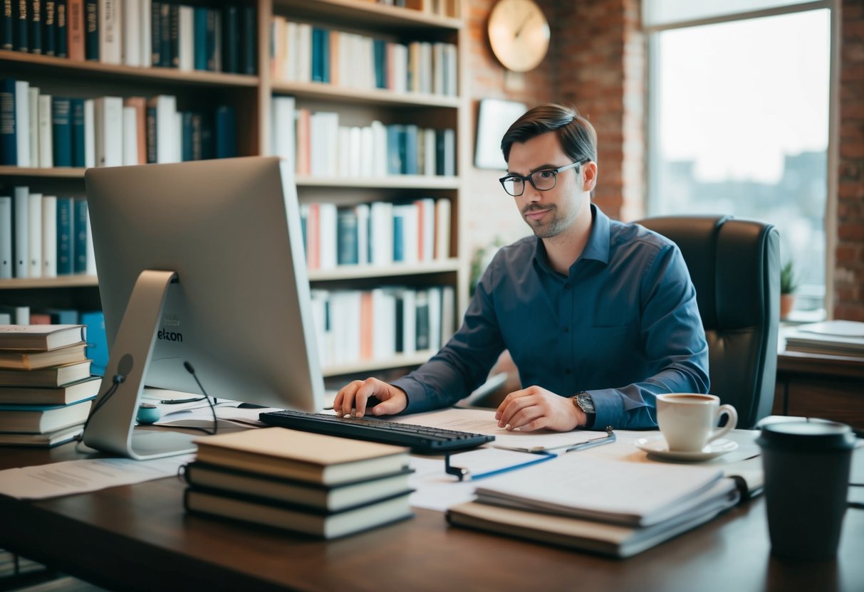 Ein Redakteur bei der Arbeit in einem gemütlichen Büro, umgeben von Büchern und Papieren, mit einem Computer und einer Tasse Kaffee auf dem Schreibtisch.