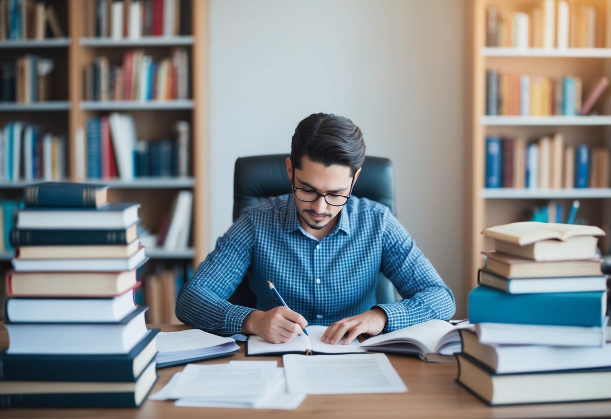 Eine Person, die an einem Schreibtisch sitzt, umgeben von Büchern und Papieren, bearbeitet und korrigiert sorgfältig eine Masterarbeit.