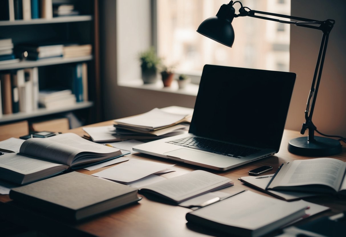 Ein überfüllter Schreibtisch mit verstreuten Papieren, offenen Büchern und einem Laptop. Eine Schreibtischlampe beleuchtet den Arbeitsplatz und wirft Schatten auf die verschiedenen Gegenstände.