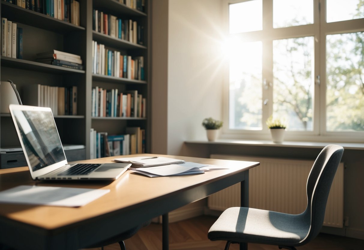 Ein gemütliches Arbeitszimmer mit einem Schreibtisch, einem Stuhl und einem Bücherregal. Ein Laptop und Papiere sind auf dem Schreibtisch verteilt. Sonnenlicht strömt durch das Fenster.