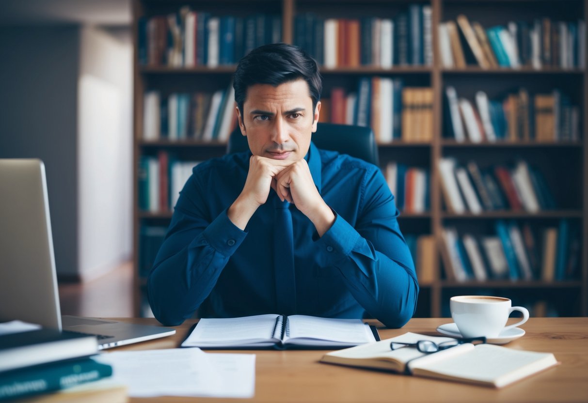 Eine Person am Schreibtisch, umgeben von Büchern und Papieren, tief in Gedanken mit einem entschlossenen Ausdruck. Ein Laptop und eine Tasse Kaffee sind in der Nähe.